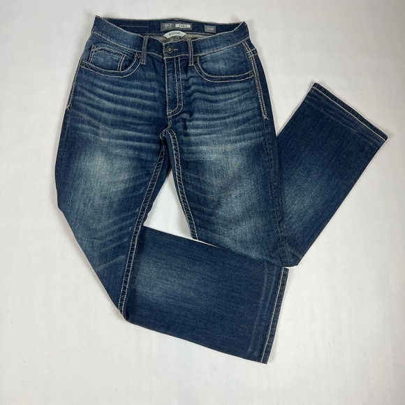BKE Mens Jeans 32R Blue Jake Bootleg Stretch Whiskers Bold Stitch (30 x 31)